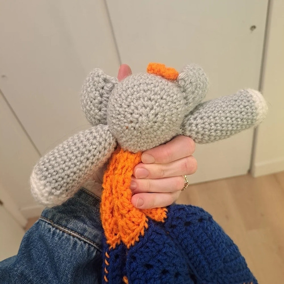 Crochet Geometric Baby Blanket Lovey Elephant Stuffed Animal Orange Blue Grey - Picture 5 of 5